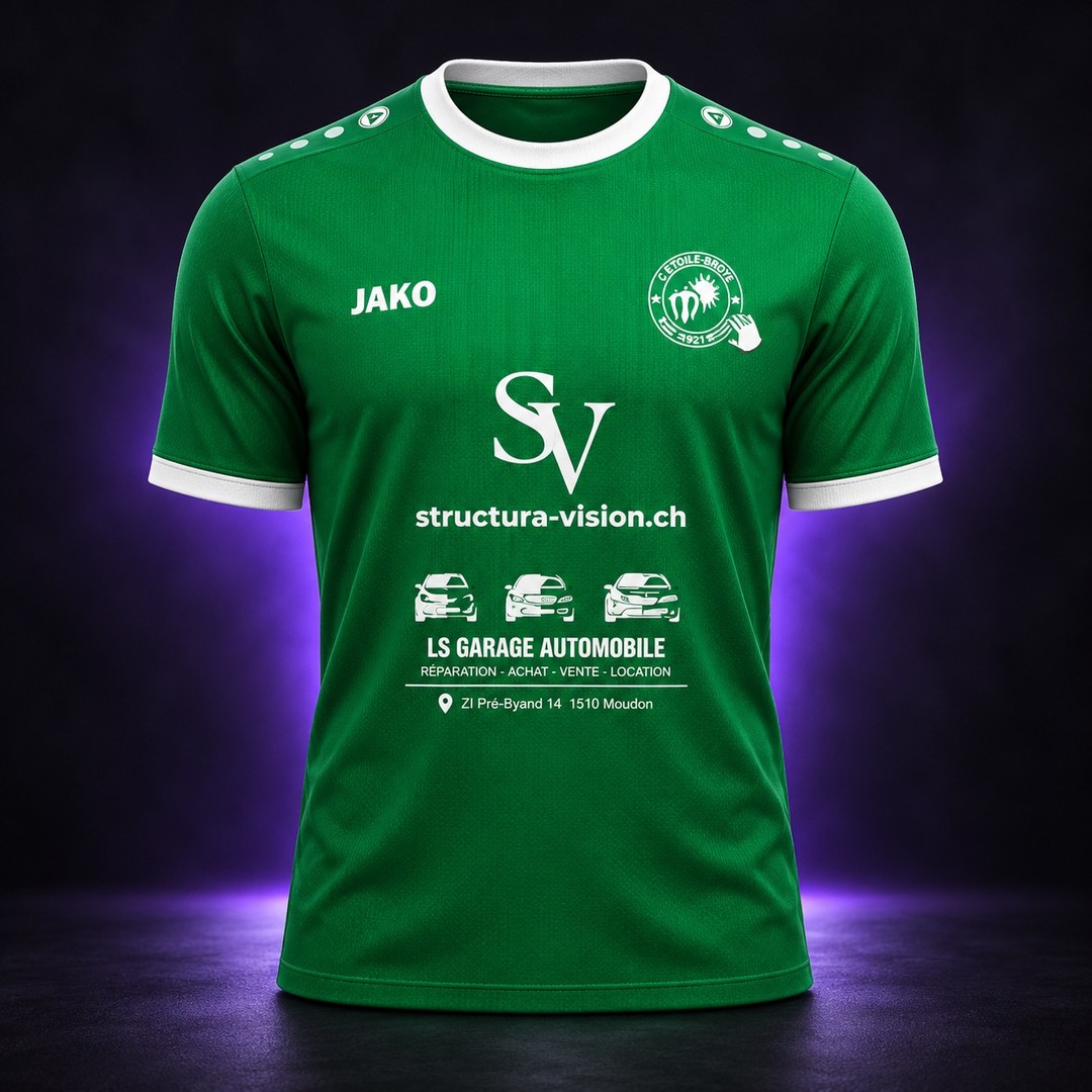 Maillot vert du FC Étoile-Broye avec Structura Vision et LS Garage Automobile